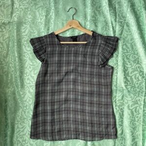Ann Taylor Factory Gray and Blue Ruffled Short Sleeve Blouse